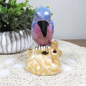 Vintage Blue Lusterware Bird Flower Frog, Made in Japan