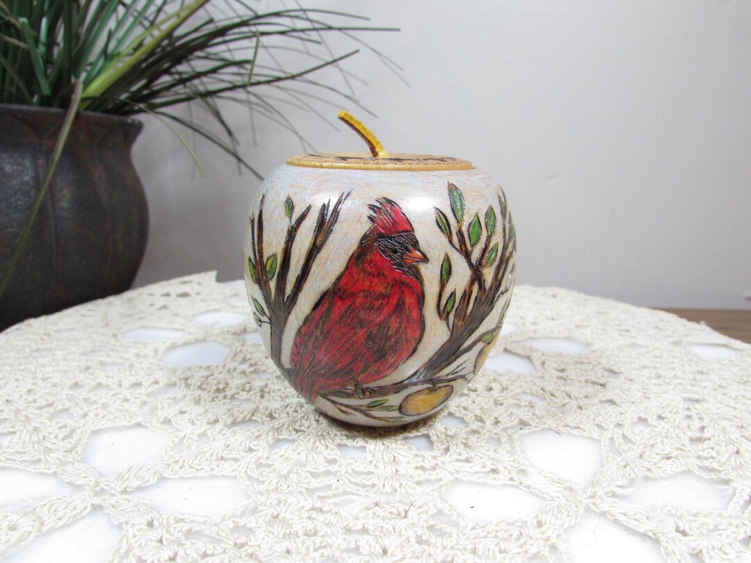 Pyrography Apple Box With Cardinal, Signed Wood Turned Keepsake 1995 - Etsy