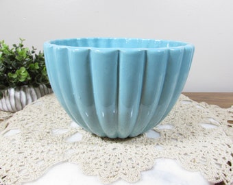 Vintage Haeger Aqua Blue Round Ribbed Planter Bowl