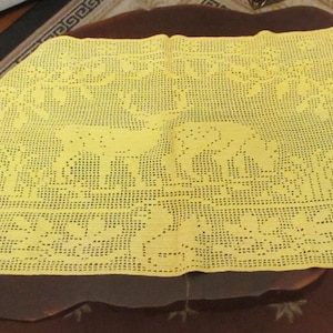 Vintage Yellow Crochet Deer Squirrel Woodland Tapestry Table Cover