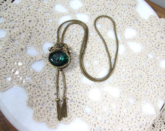 Vintage Victorian Revival Green Glass Intaglio Bolo Slide Necklace For Parts Or Repair