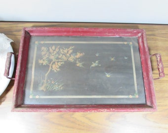 Vintage Red Bird Print Wood Frame Serving Tray