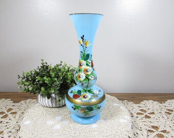 Vintage Painted Flower Blue Opaline Victorian Bohemian Glass Vase