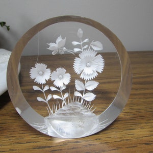 Vintage Carved Lucite Butterfly Flower Round Paperweight Clear Mid Century Desk Decor