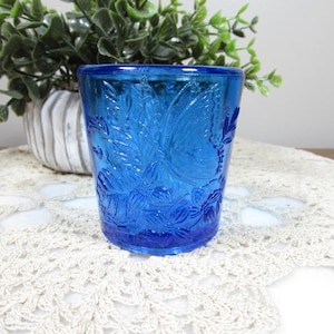 Cobalt Blue Glass Toothpick Holder – Raised Butterfly & Floral Design, 2” Tall