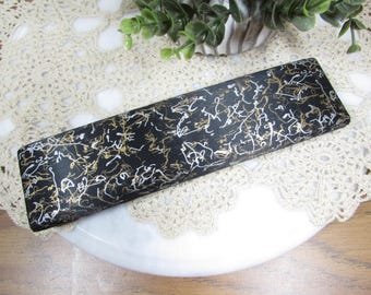 Vintage Tru-Kay Jewelry Display Box – Black Satin with Silver & Gold Design, Cream Satin Interior, 8x2x1 Gift Case