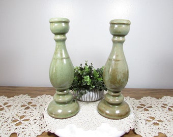 Vintage Green Glazed Clay Pedestal Candlestick Holders Pair 11 Inch Tall