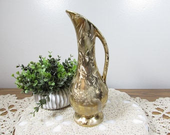 Vintage MCM Gold Crystalline Ceramic Ewer Pitcher Vase