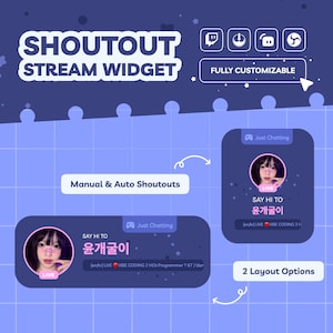 Può includere: Una grafica digitale per widget di stream shoutout con due opzioni di layout, orizzontale e verticale. Il design include il testo SHOUTOUT STREAM WIDGET, FULLY CUSTOMIZABLE, Manual & Auto Shoutouts e 2 Layout Options, con icone per piattaforme.