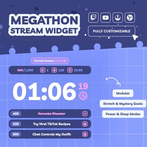 May include: A digital Megathon Stream Widget overlay with a purple grid background. It features a large countdown timer, progress bars for goals like Karaoke Disaster, and icons for Twitch, YouTube, and OBS. Text includes Fully Customizable.