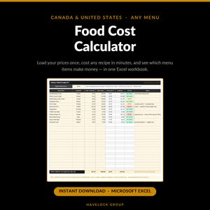 Puede incluir: Un calculador digital de costos de alimentos para Canadá y Estados Unidos, presentado como un libro de trabajo de Excel. La interfaz muestra una hoja de cálculo de rentabilidad del menú con columnas para artículos, categorías, costos, precios, porcentajes y estado.