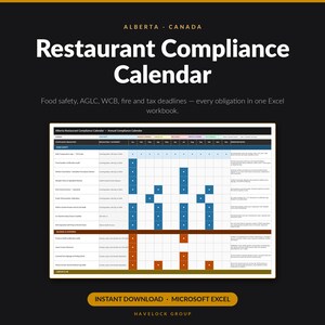 Alberta Restaurant Compliance Calendar | Food Safety, AGLC, WCB Tracker (Excel Download)