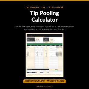 May include: A digital Tip Pooling Calculator spreadsheet template for Microsoft Excel, designed for California tip rules. The interface displays a Tip Distribution table with columns for names, roles, points, hours, share units, share, and pay via.