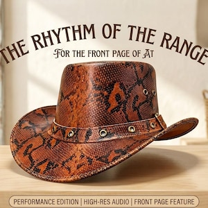 Puede incluir: Un sombrero con estampado de piel de serpiente en marrón y negro, con ala ancha y una banda a juego con ojales metálicos. El texto THE RHYTHM OF THE RANGE FOR THE FRONT PAGE OF AT aparece arriba, y PERFORMANCE EDITION | HIGH-RES AUDIO | FRONT PAGE FEATURE abajo.