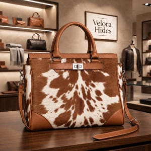 May include: A structured handbag featuring a brown and white cowhide pattern on the front panel, accented with smooth tan leather trim, dual top handles, a detachable shoulder strap, and a silver-toned metal turn-lock closure on the front.