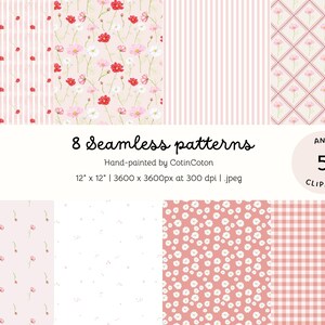 May include: A digital collection of 8 seamless patterns and 5 clipart images featuring pink and white floral designs, stripes, and gingham checks. The text reads 8 Seamless patterns, Hand-painted by CotinCoton, 12 x 12, 3600 x 3600px at 300 dpi, .jpeg, AND 5 CLIPART.
