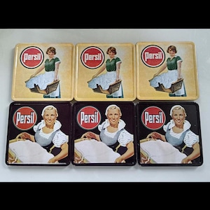Vintage Persil-underlägg, set om 6 – Retro reklam metallkorkunderlägg