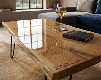 Mirror Finish Live Edge Oak Coffee Table - 90x40cm Glossy Epoxy Resin. Modern Industrial Oak Table with Hairpin Legs, High-Gloss Minimalist