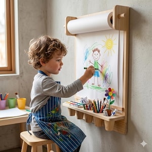 May include: A wooden art easel with a paper roll, a shelf with art supplies, and a child drawing. The easel has a natural wood finish and a shelf with paint, pencils, and a flower. The child is wearing a blue apron.