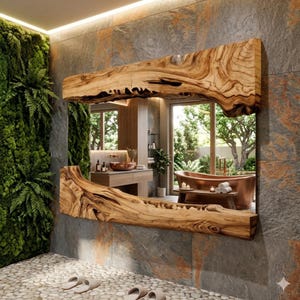 Peut inclure: Un grand miroir rectangulaire avec un cadre en bois naturel. Le cadre a une forme organique unique de couleur marron clair. Le miroir reflète une salle de bain avec une baignoire et un lavabo en cuivre, et un mur vert.