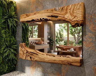 Specchio grande con bordo naturale 80 x 100 cm – Decorazione murale rustica in legno massello
