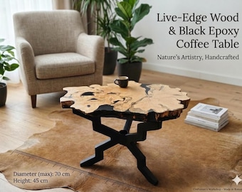 Live Edge Harz Couchtisch, schwarzes Epoxy, handgefertigtes Rohholz-Mittelstück, einzigartige moderne industrielle Möbel, seltene Holzscheibe, 73 x 50 cm