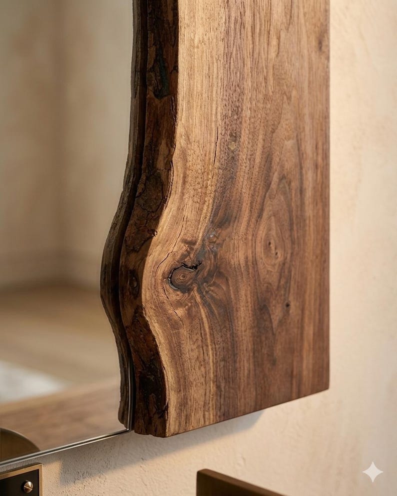 May include: A rectangular wooden mirror with a natural, live edge. The wood is a rich brown colour with visible grain and knots. The mirror is mounted on a wall, reflecting the surrounding environment.