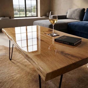 Live Edge Oak Coffee Table – Mirror Finish, 90x40cm Epoxy Resin, Industrial Legs