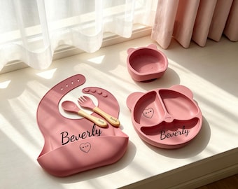 Self-feeding baby tableware set: silicone divider plate, suction cup, baby food bowl, bib, baby feeding bowl