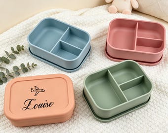 Gepersonaliseerde hittebestendige siliconen lunchbox voor kinderen, met 3 vakken en eigen naam, voedselbewaarcontainer voor kinderen