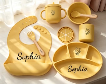 Set di stoviglie in silicone personalizzabili, idea regalo per baby shower.