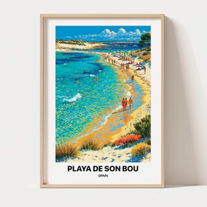 May include: A framed travel poster featuring a vibrant illustration of Playa de Son Bou, Spain. The artwork depicts a turquoise coastline with golden sand, people walking along the shore, and swimmers in the water. The text reads Playa de Son Bou, Spain.