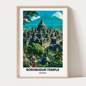 Borobudur Temple Travel Poster - Indonesia Ancient Architecture and Volcanic Landscape Art Print