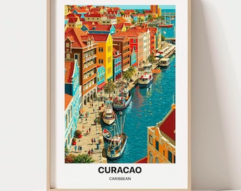 May include: A framed vertical art print featuring a colorful cityscape of Curacao, Caribbean, with vibrant buildings in red, yellow, and blue lining a canal filled with small boats. The text CURACAO CARIBBEAN is printed in black at the bottom.