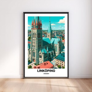 May include: A framed vertical poster featuring a detailed illustration of the Linköping Cathedral in Sweden. The artwork displays the tall stone church with teal roofs against a bright blue sky, with the text LINKÖPING SWEDEN printed at the bottom.