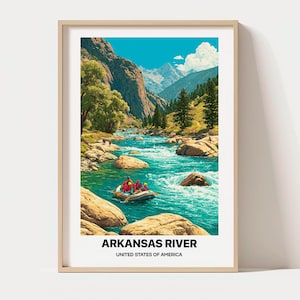 May include: A framed travel poster featuring a vibrant illustration of a whitewater raft on the Arkansas River, surrounded by rocky banks, pine trees, and mountains. The text reads ARKANSAS RIVER UNITED STATES OF AMERICA.