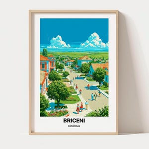 Può includere: Un poster da viaggio incorniciato che presenta una vivace illustrazione di una strada a Briceni, in Moldavia. La scena raffigura edifici colorati, alberi verdi e persone che camminano lungo una strada sotto un cielo azzurro con grandi nuvole bianche. Il testo recita BRICENI MOLDOVA.