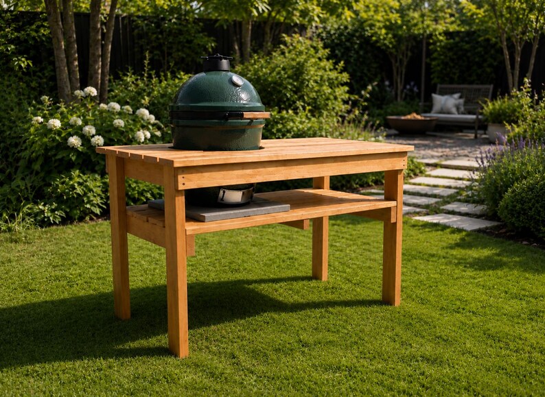 May include: A rectangular wooden grill table with four legs and a lower shelf, featuring a dark green ceramic kamado-style grill with a silver temperature gauge and a wooden handle mounted on the top surface of the table.