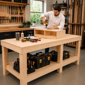 Heavy Duty 8FT Workbench Plans | DIY Garage Woodworking Table (PDF Download)