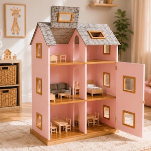 Può includere: Una casa delle bambole in legno a tre piani con esterno rosa, tetto a tegole grigie e design a facciata aperta. L'interno presenta diverse stanze arredate con mobili in miniatura in legno, tra cui un divano, letti e set da pranzo, visibili attraverso finestre quadrate.