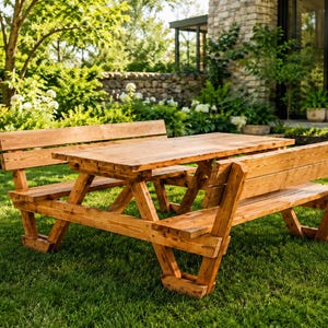 Könnte beinhalten: Ein hölzerner Picknicktisch mit einer rechteckigen Tischplatte und zwei fest montierten Bänken mit Rückenlehnen. Die Konstruktion besteht aus hellbraunen Holzplanken mit sichtbarer Maserung und wird von schrägen Beinen in einem stabilen Rahmen gehalten.