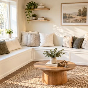 Puede incluir: Un banco esquinero blanco integrado con almacenamiento, cubierto con varios cojines texturizados en tonos crema, beige y gris oscuro. Una mesa de centro redonda de madera sobre una alfombra de yute sostiene un pequeño jarrón con plantas.