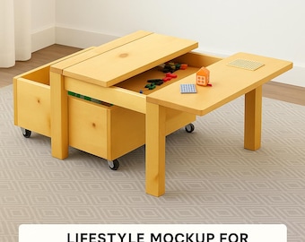 Lego tafel houtbewerkingsplannen pdf, activiteitentafel voor kinderen met verborgen opbergruimte, doe-het-zelfspeeltafel, rollende speelgoedopslag, digitale bouwplannen