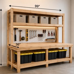Workbench with Hutch Plans, 99" Wide Workshop Bench, Pegboard Storage (PDF Download)