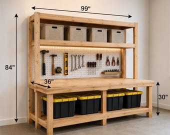Werkbank met hokindeling, 99-inch brede werkplaatsbank, opbergruimte op onderbord (pdf-download)