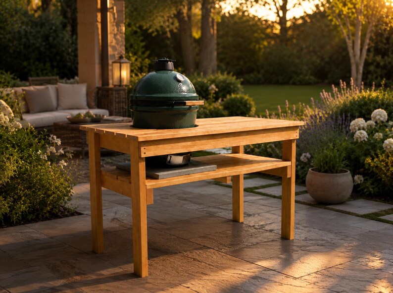 May include: A dark green ceramic kamado-style grill with a dome lid and a silver temperature gauge, integrated into a rectangular light-colored wooden table featuring a lower shelf and four sturdy legs for outdoor cooking and preparation.