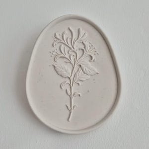 Könnte beinhalten: Ein hellbeige, oval geformtes Dekorationselement mit einem erhabenen floralen Design. Das zentrale Motiv ist eine detaillierte botanische Illustration einer Pflanze mit Blättern und zarten Stängeln. Das Element befindet sich vor einem schlichten weißen Hintergrund.