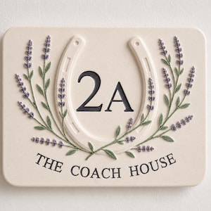 Personalised Botanical Horseshoe & Lavender Jesmonite House Number Plaque | Handmade Address Sign