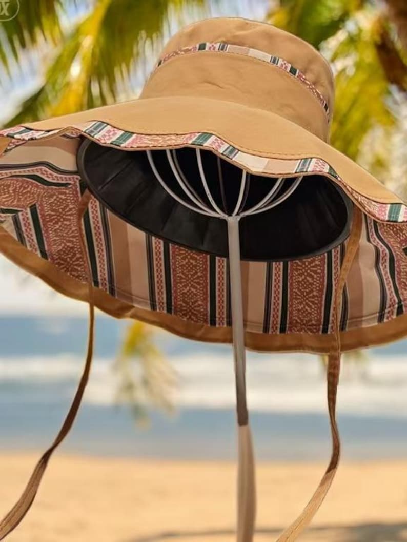 May include: A wide-brimmed sun hat in a tan color, featuring a patterned band around the crown and brim. The underside of the brim has a striped and patterned fabric. The hat has long, tan ties. The hat is displayed on a white wire stand.