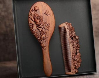 Hand Carved Sandalwood Wooden Hair Comb & Air Cushion Brush Set, Vintage Wooden Engraved Hair Care Gift Set for Women